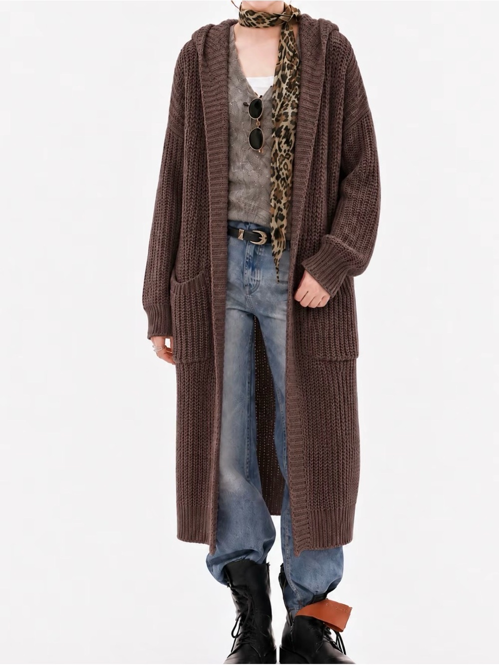 Long Hooded Open-Front Knit Cardigan Jacket - Brown New Boutique